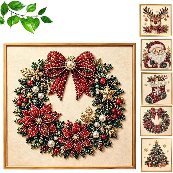 Christmas Pearl Diamond Painting Art Kit with Frame, Pearl Beads Craft for Adults, Holiday DIY Wall Decor Project, Relaxing Gemstone Art Kit for Seasonal Home Styling (Wreath)