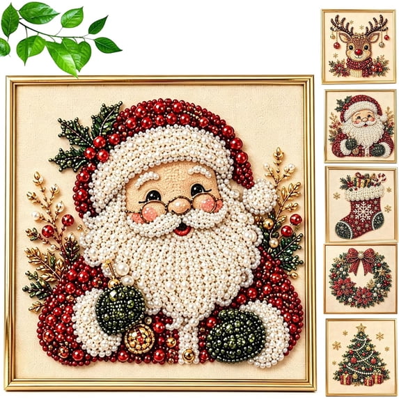 Christmas Pearl Diamond Painting Art Kit with Frame, Pearl Beads Craft for Adults, Holiday DIY Wall Decor Project, Relaxing Gemstone Art Kit for Seasonal Home Styling (Santa)