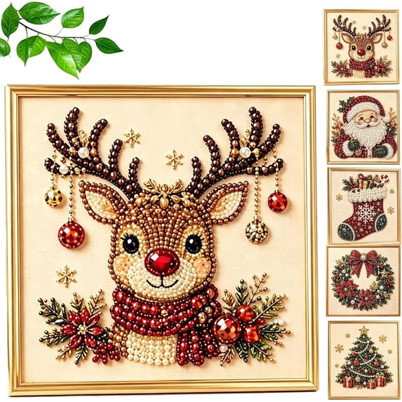 Christmas Pearl Diamond Painting Art Kit with Frame, Pearl Beads Craft for Adults, Holiday DIY Wall Decor Project, Relaxing Gemstone Art Kit for Seasonal Home Styling (Reindeer)