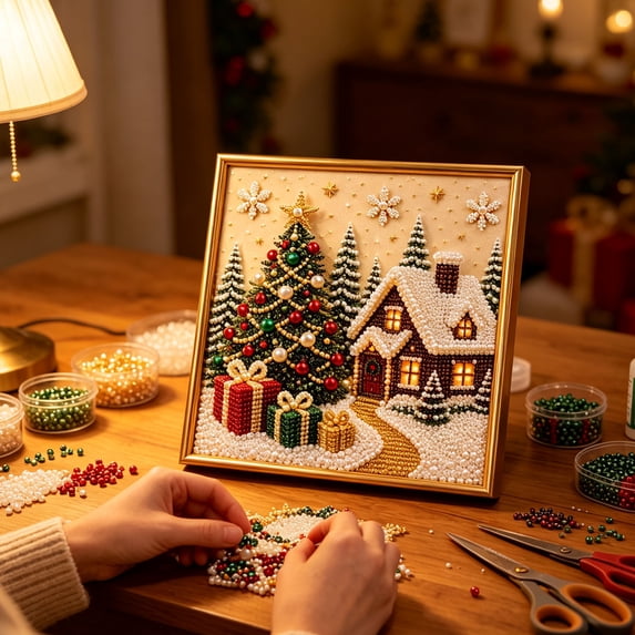 Christmas Pearl Diamond Painting Kit, DIY Bead Art Craft Set With Frame, Beginner Friendly Wall Decor Art, Holiday Gift for Adults Home Wall Decoration Holiday