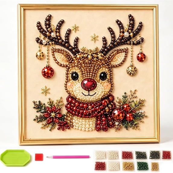 Christmas Pearl Diamond Painting Kit with Frame, Festive Pearl Bead Art Craft for Adults, Relaxing Holiday DIY Project for Home Wall Decor, Beginner-Friendly Seasonal Activity (Reindeer)