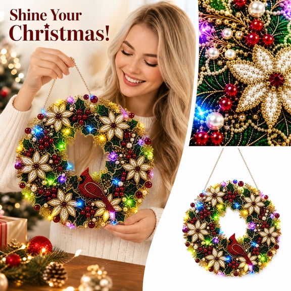 Christmas Pearl Diamond Painting Kit with LED String Lights, 8 in DIY Acrylic Diamond Art Hanging Ornament for Adults, Christmas Home Wall Party Decoration