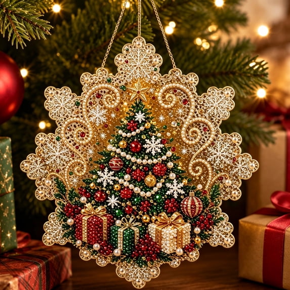Christmas Pearl Diamond Painting Kit Suncatcher DIY Craft Acrylic Tree Shape Board with 2D Mixed-Sized Pearl Beads Craft