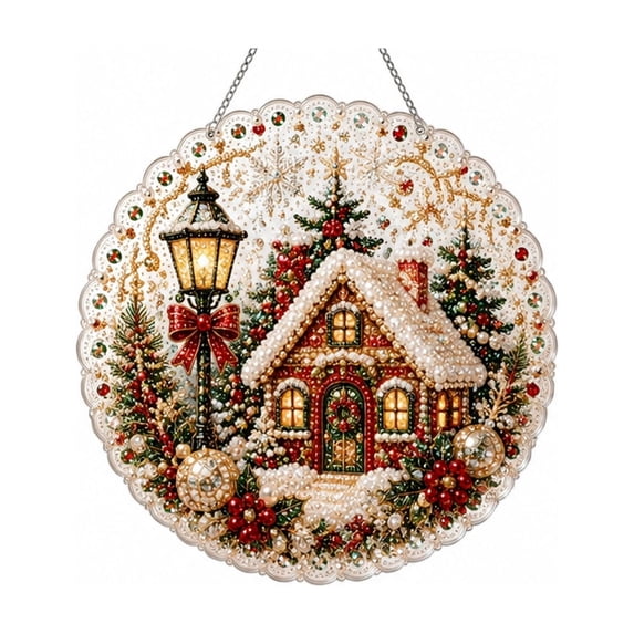 Christmas Pearl Diamond Painting Ornament, DIY Craft Kit, 3D pearl and rhinestone craft on a lace-edge acrylic board with pre-assembled chain, Festive Window Wall Decor(Xmas Home)