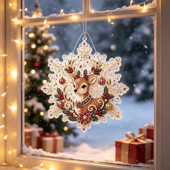Christmas Pearl Diamond Painting Suncatcher DIY Kit,Pre-Assembled Metal Chain, Acrylic Board & 3D Mixed Size Pearl Beads, Festive Window & Wall Hanging Decor