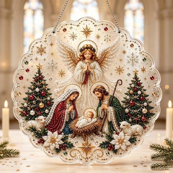 Christmas Pearl Diamond Painting Suncatcher Kit, 12 Inch DIY Acrylic Hanging Ornament Craft with Pearls, Rhinestones and Metal Chain for Window, Wall, Tree Holiday Decoration, Christmas Gift, 1 Set