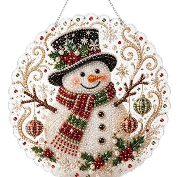 Christmas Pearl Diamond Painting Suncatcher Kit, Acrylic Round Board with Lace Edge, Christmas Pearls Beads Art Craft, 3D Mixed-Sized Pearl Beads Craft, Festive Window Wall Decor(E)