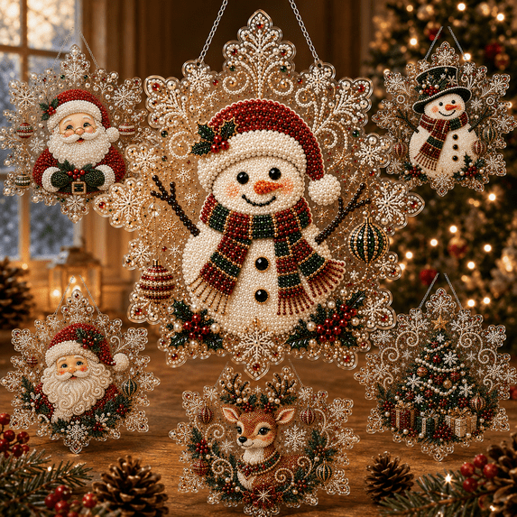 Christmas Pearl Diamond Painting Suncatcher Kit, DIY Acrylic Snowflake Ornament with Mixed-Size Pearls, 6 Festive Designs in 8 or 12 Inch, Holiday Hanging Craft for Adults