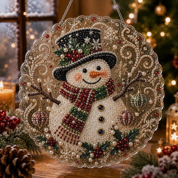 Christmas Pearl Diamond Painting Suncatcher Kit, DIY Craft Christmas | Pre-Assembled Metal Chain, Acrylic Round Board with Lace Edge, 3D Mixed-Sized Pearl Beads Craft, Festive Window Wall Decor