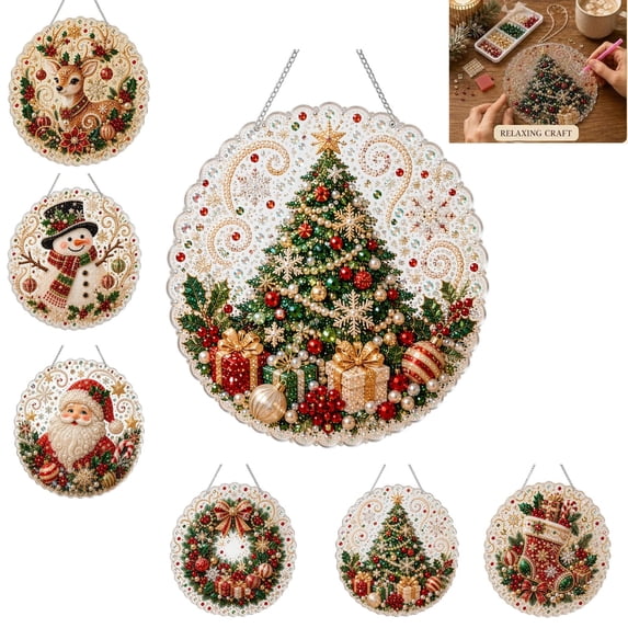 Christmas Pearl Diamond Painting Suncatcher Kit DIY Craft Pre Assembled Metal Chain Acrylic Round Board with Edge 3D Mixed Sized Pearl Beads Craft Festive Window Wall Decor,A