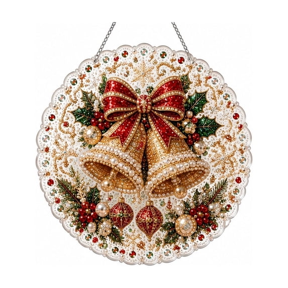 Christmas Pearl Diamond Painting Suncatcher Kit, DIY Craft Pre-Assembled Metal Chain, Acrylic Round Board with Lace Edge, 3D Mixed-Sized Pearl Beads Craft, Festive Window Wall Decor, 9.8in