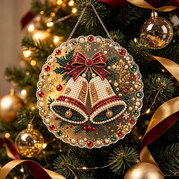 Christmas Pearl Diamond Painting Suncatcher Kit, DIY Craft, Pre-Assembled Metal Chain, Acrylic Round Board with Lace Edge, 3D Mixed-Sized Pearl Beads Craft, Festive Window Wall Decor