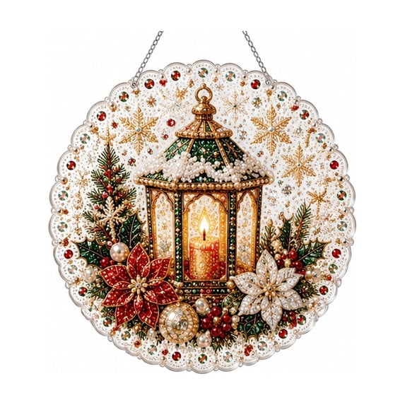Christmas Pearl Diamond Painting Suncatcher Kit, DIY Craft Pre-Assembled Metal Chain, Acrylic Round Board with Lace Edge, 3D Mixed-Sized Pearl Beads Craft, Festive Window Wall Decor, 9.8in