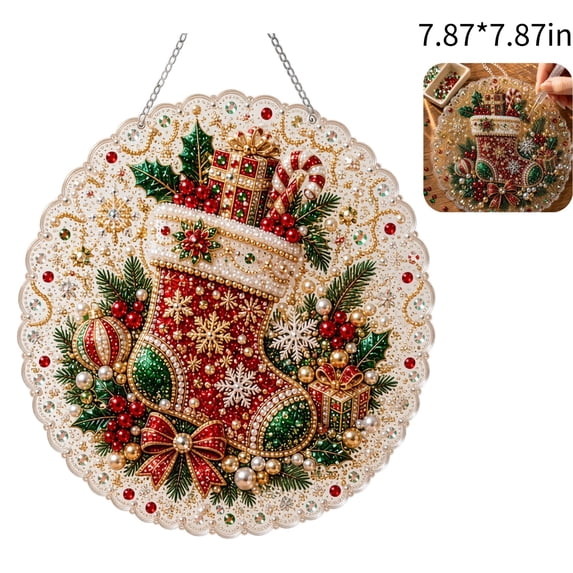 Christmas Pearl Diamond Painting Suncatcher Kit, DIY CraftPre-Assembled Metal Chain, Acrylic Round Board with Lace Edge, 2D Mixed-Sized Pearl Beads Craft, Festive Window Wall Decor,B1
