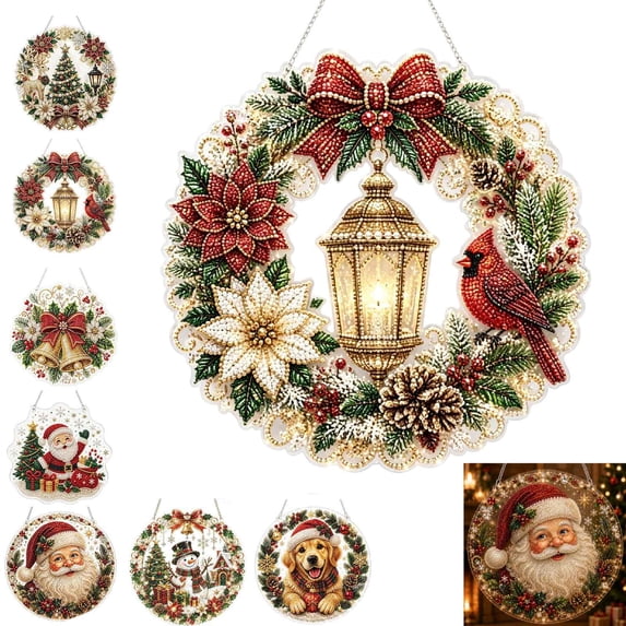 Christmas Pearl Diamond Painting Suncatcher Kit, DIY Diamond Painting Hanging Pendant for Acrylic Round Board , 3D Mixed-Sized Pearl Beads Craft, Festive Window Wall Decor (D-1pcs)