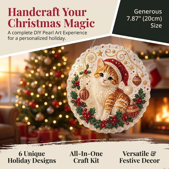 Christmas Pearl Diamond Painting Suncatcher Kit, DIY Handmade Craft with Hanging Chain, Lace Edge Round Acrylic Board, 3D Multi-Size Pearl Bead Art, Holiday Window Wall Ornament, 1Pc E