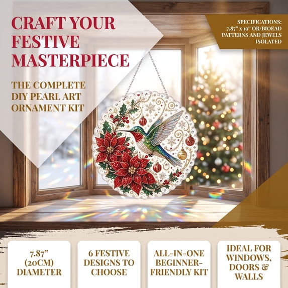 Christmas Pearl Diamond Painting Suncatcher Kit, DIY Handmade Craft with Hanging Chain, Lace Edge Round Acrylic Board, 3D Multi-Size Pearl Bead Art, Holiday Window Wall Ornament, 1Pc B