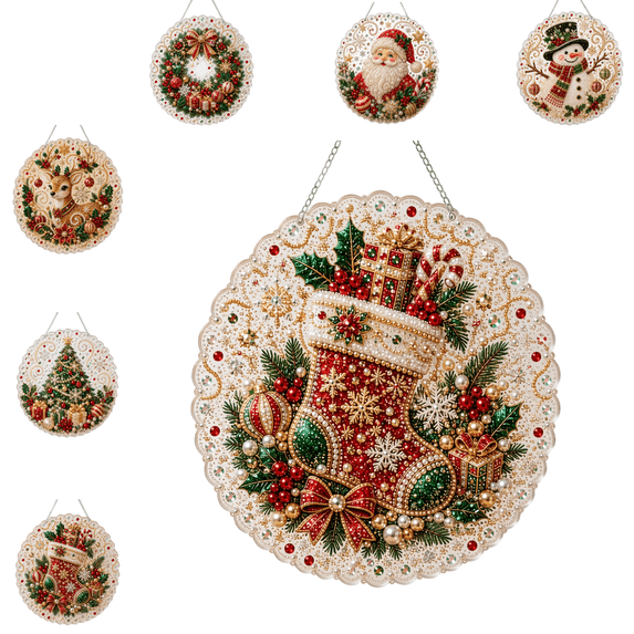 Christmas Pearl Diamond Painting Suncatcher Kit, DIY Pearl Bead Art Hanging Ornament Set, Pre-Assembled Metal Chain, Lace Edge Round Acrylic Board with 3D Mixed-Sized Pearl Beads 1pc B
