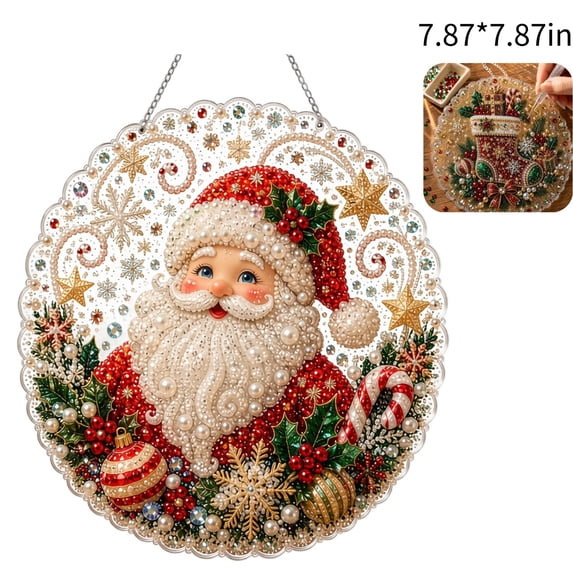 Christmas Pearl Diamond Painting Suncatcher Kit, DIY Pre-Assembled Metal Chain, Acrylic Round Board with Lace Edge, 2D Mixed-Sized Pearl Beads Craft, Festive Window Wall Decor,D1