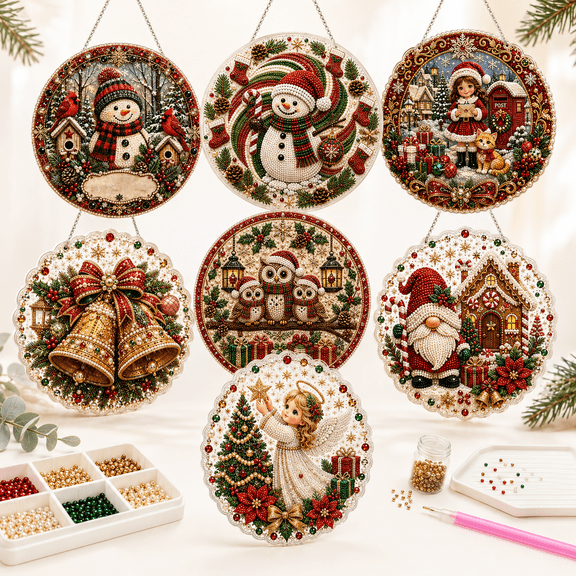 Christmas Pearl Diamond Painting Suncatcher Kit, Round 3D Pearl Beaded Holiday Ornament with Pre-Assembled Hanging Chain, DIY Christmas Window Wall Decor Craft Gift for Adults