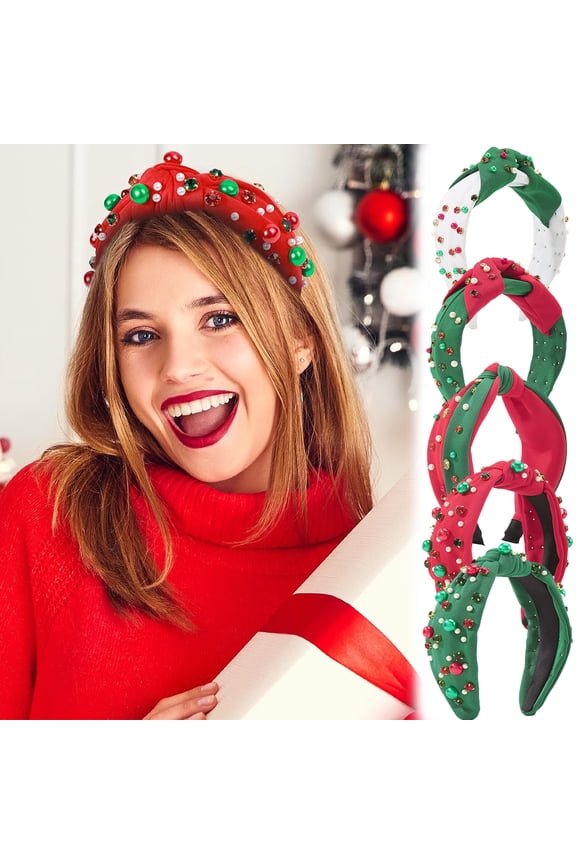 Christmas Pearl Knotted Headband for Women Red Green Pearl Rhinestone Crystal Jeweled Hairband Fashion Elegant Ladies Wide Knot Head Band Headpieces Hair Accessories