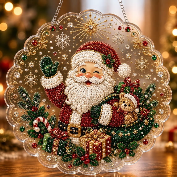 Christmas Pearl Painting Suncatcher DIY Kit, Acrylic Hanging Diamond Art Ornament with Pearl and Rhinestone Details, Holiday Window Wall Decor Craft