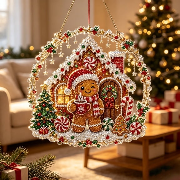 Christmas Pearl Painting Suncatcher Kit, DIY Craft Pre-Assembled Metal Chain, Acrylic Round Board with Edge, Festive Window Wall Decor