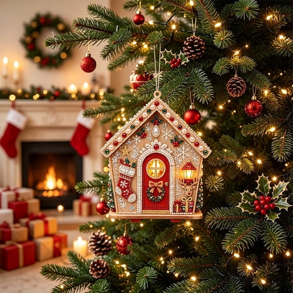 Christmas Pearl Painting Wooden House Kit, DIY Rhinestone Beaded Cottage Ornament with Santa Reindeer Snowman,1Pcs