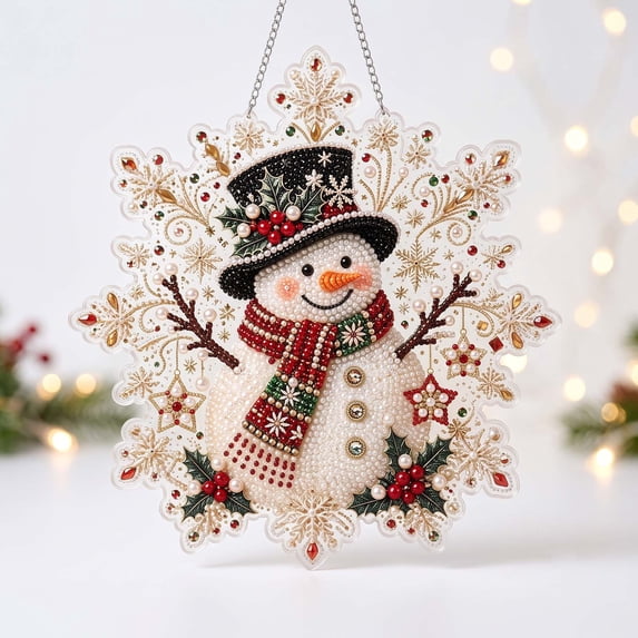 Christmas Pearl Suncatcher Kit Diy Assembled Ornament 1Pc- Acrylic Snowflake Shape Board With Metal Chain And Dimensional Pearls For Holiday Window Display