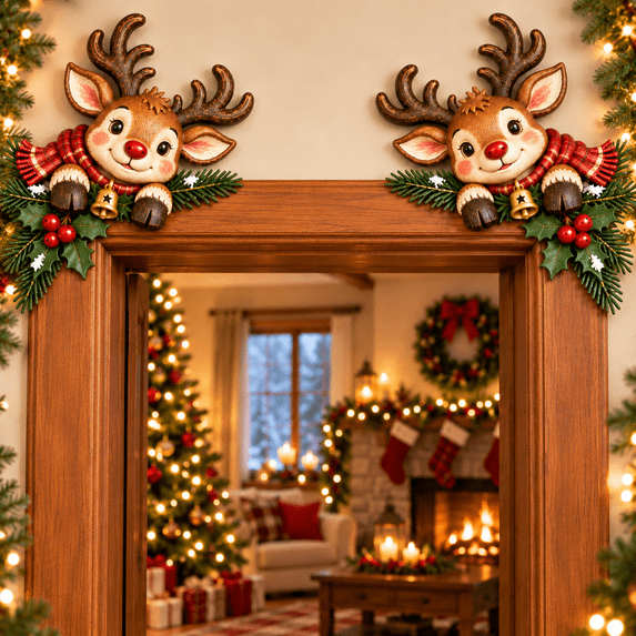 Christmas Peekaboos Door Frame Corner Decor, 2 Piece Wooden Xmas Door Topper Set, Holiday Frame Corner Signs for Doorways, Entryways, Interior Doors, Windows and Living Rooms, Reindeer Design