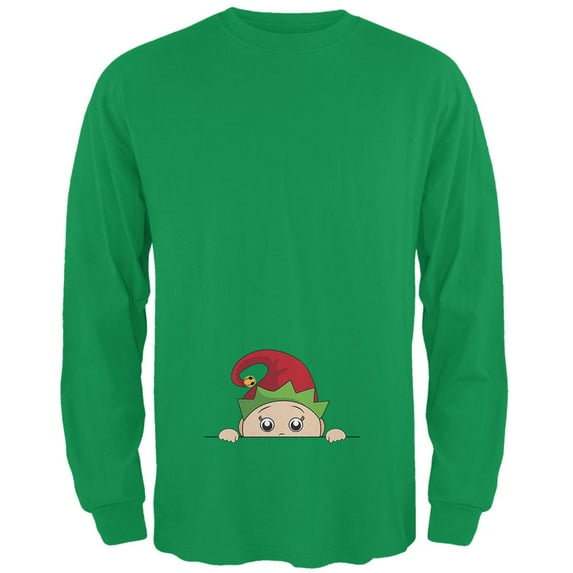 Christmas Peeking Baby Elf Green Mens Long Sleeve T Shirt Irish Green 3X-LG