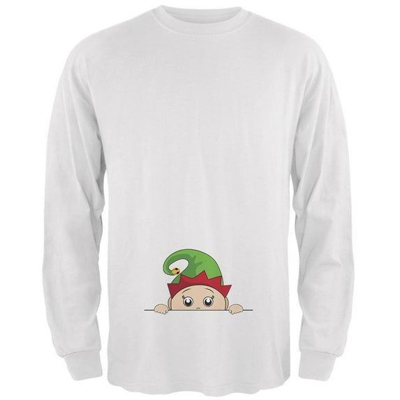 Christmas Peeking Baby Elf Green Mens Long Sleeve T Shirt White MD
