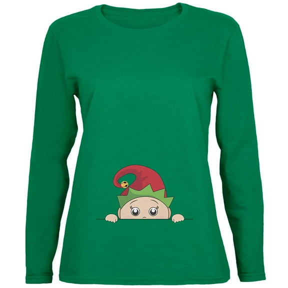 Christmas Peeking Baby Elf Green Womens Long Sleeve T-Shirt - Small