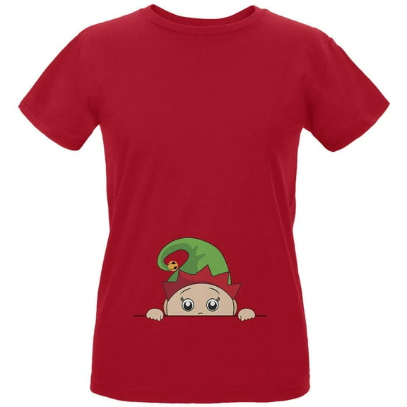 Christmas Peeking Baby Elf Green Womens Organic T Shirt Red LG