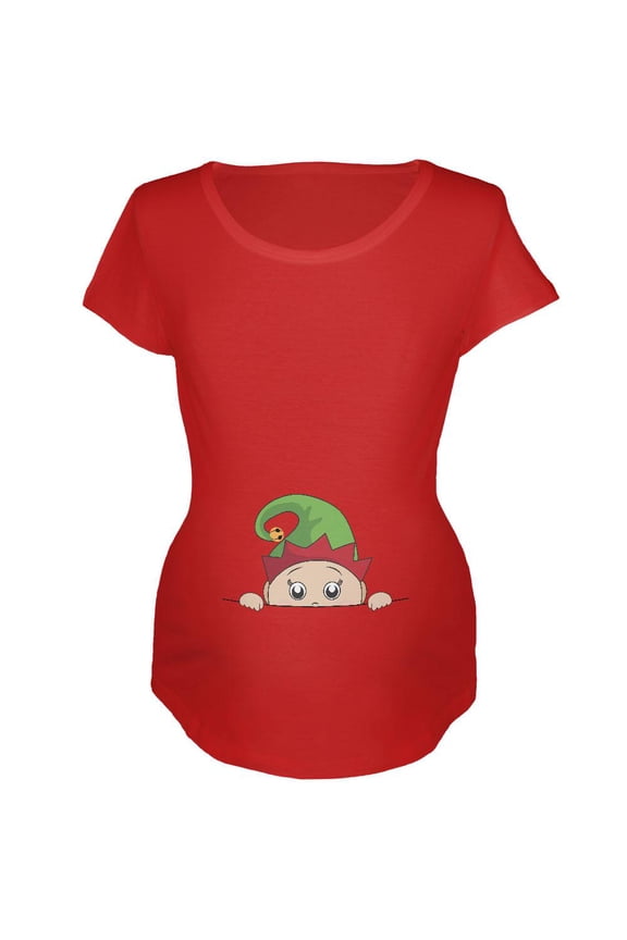 Christmas Peeking Baby Elf Red Maternity Soft T-Shirt - Large