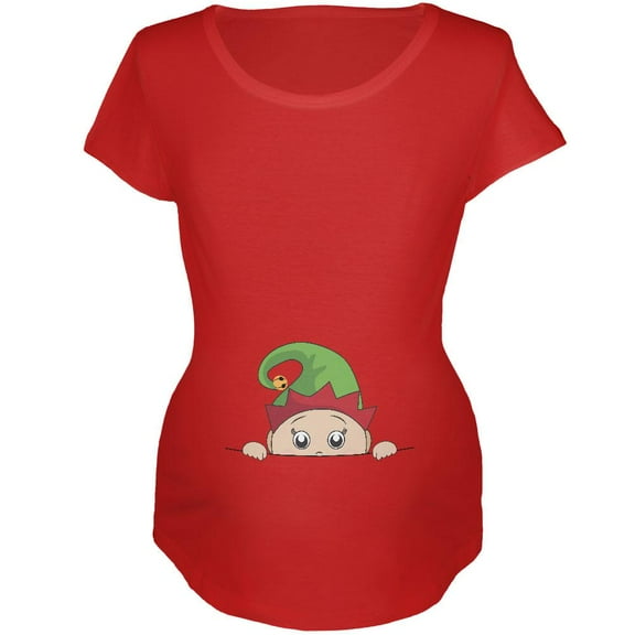 Christmas Peeking Baby Elf Red Maternity Soft T-Shirt - Small