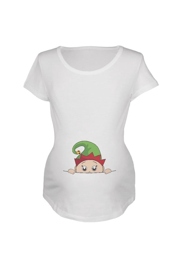 Christmas Peeking Baby Elf White Maternity Soft T-Shirt - Small