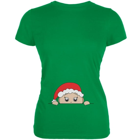 Christmas Peeking Baby Santa Juniors Soft T Shirt Irish Green X-LG
