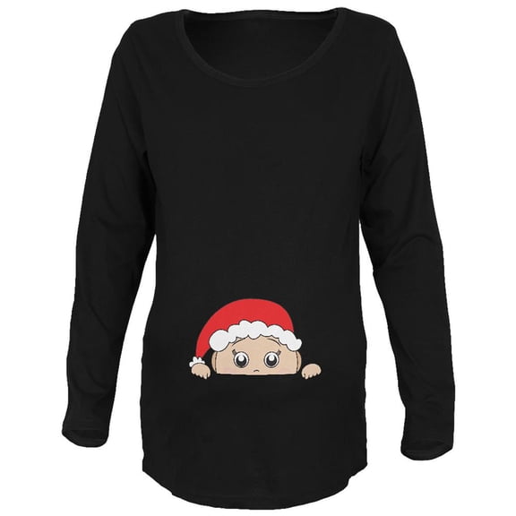 Christmas Peeking Baby Santa Maternity Soft Long Sleeve T Shirt Black SM