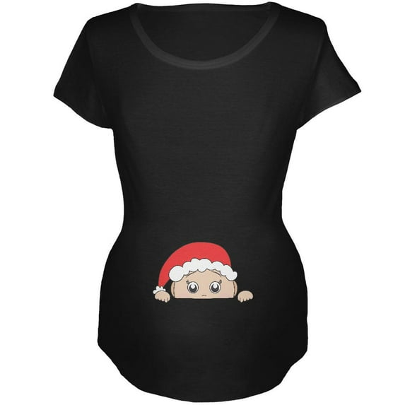 Christmas Peeking Baby Santa Maternity Soft T Shirt Black X-LG