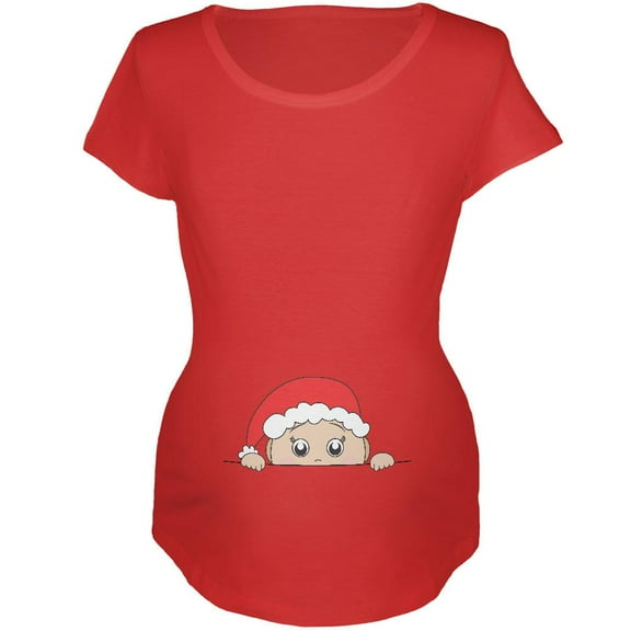 Christmas Peeking Baby Santa Maternity Soft T Shirt Red LG