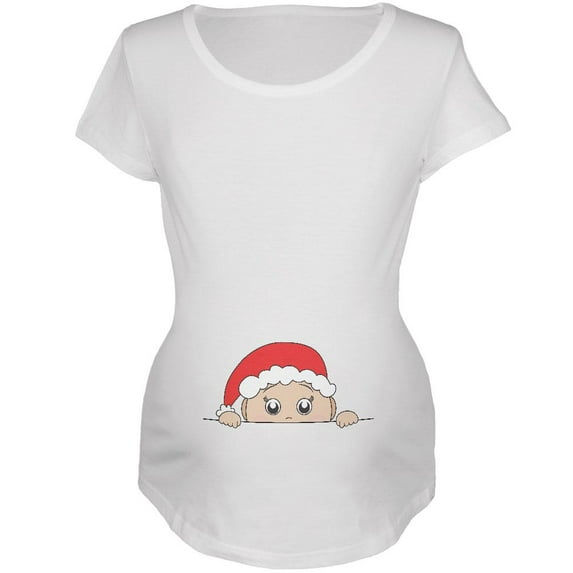 Christmas Peeking Baby Santa Maternity Soft T Shirt White LG