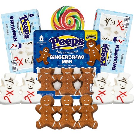 Christmas Peeps Marshmallow Gingerbread and Snowmen Shaped Candy, Holiday Themed Gluten and Fat Free Cupcake Toppers and Stocking Stuffers, Pack of 3, 12 Marshmallows