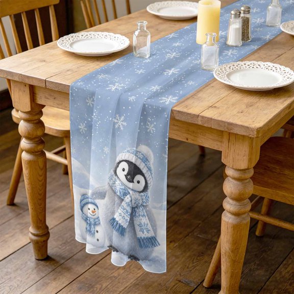 Christmas Penguin 4.5ft Cheesecloth Table Runner for Wedding 19"x55", Winter Funny Snowman With Blue Scarf Snowflakes Kitchen Dinner Sheer Tulle Chiffon Dresser Scarf, Holiday Party Decorations