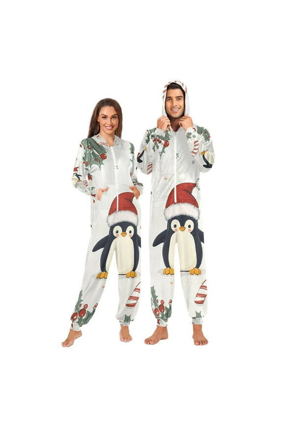 Christmas Penguin Adult Onesie Pajamas Slim Fit Christmas One Piece Suit Pjs for Women and Men Hooded Zipper