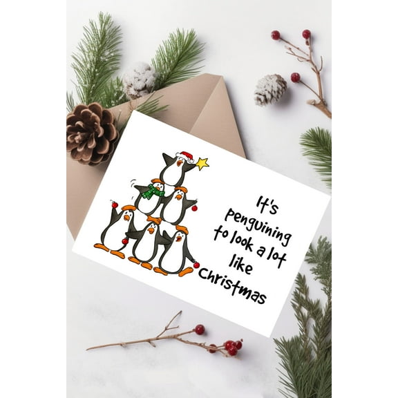 Christmas Penguin Card "It's Penguining to Look a Lot Like Christmas" Cute Holiday Greeting Card with Envelope Perfect for Friends and Family