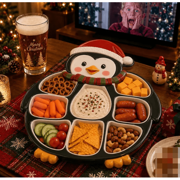 Christmas Penguin Charcuterie Board, Holiday Snack Serving Tray with Compartments, Perfect for Cheese, Crackers, Veggies, Dip, and More, Ideal for Xmas Parties, Family Gatherings