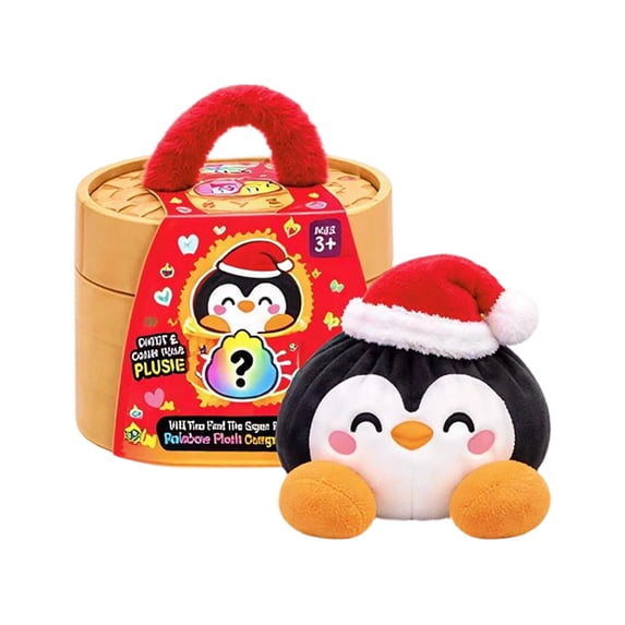 Christmas Penguin Dumpling Plush Toy, Black Stuffed Bao with Santa Hat, Holiday Collectible Plush with Bamboo Steamer Box