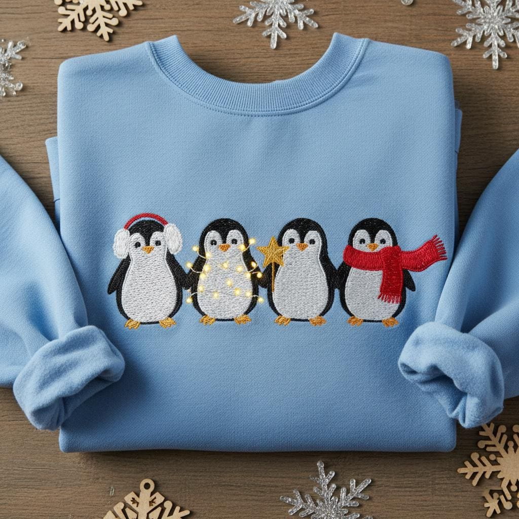 Christmas Penguin Embroidered Sweatshirt, Cute Holiday Penguin Sweater ...