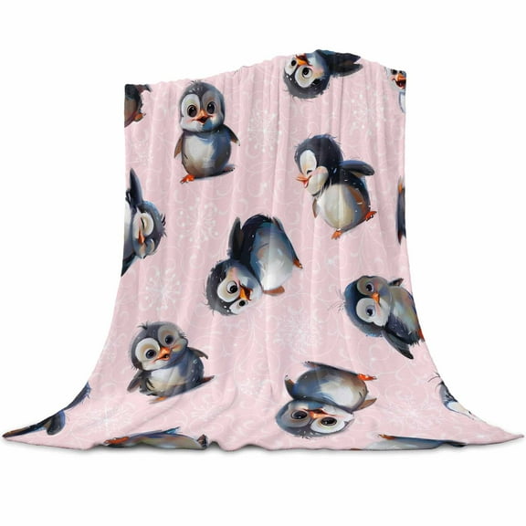 Christmas Penguin Flannel Blanket for Bed,Travel and Camping, Snowflakes Xmas Winter Pink Super Soft Cozy Blanket for All Seasons 30"x40"